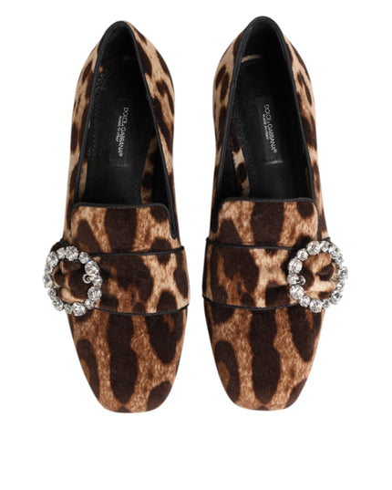 Dolce & Gabbana Brown Leopard Print Crystals Loafers Flats Shoes