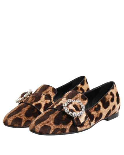 Dolce & Gabbana Brown Leopard Print Crystals Loafers Flats Shoes