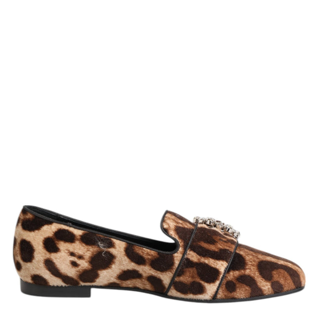 Dolce & Gabbana Brown Leopard Print Crystals Loafers Flats Shoes