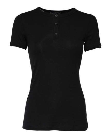 Dolce & Gabbana Black Cotton Henley Short Sleeves Top T-shirt