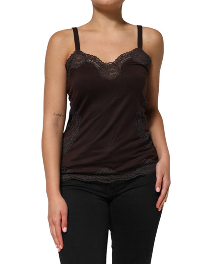Dolce & Gabbana Dark Brown Lace Trim Wool Sleeveless Tank Top