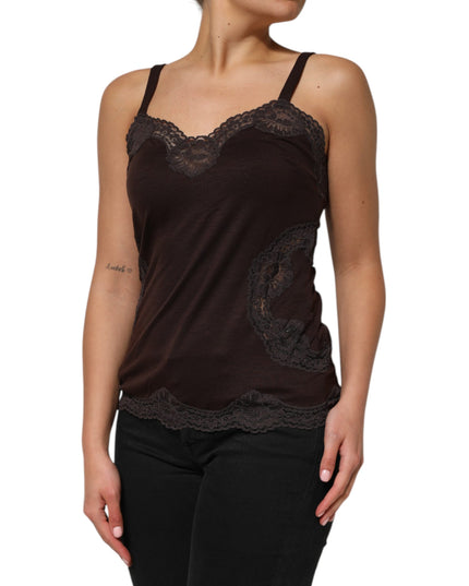 Dolce & Gabbana Dark Brown Lace Trim Wool Sleeveless Tank Top