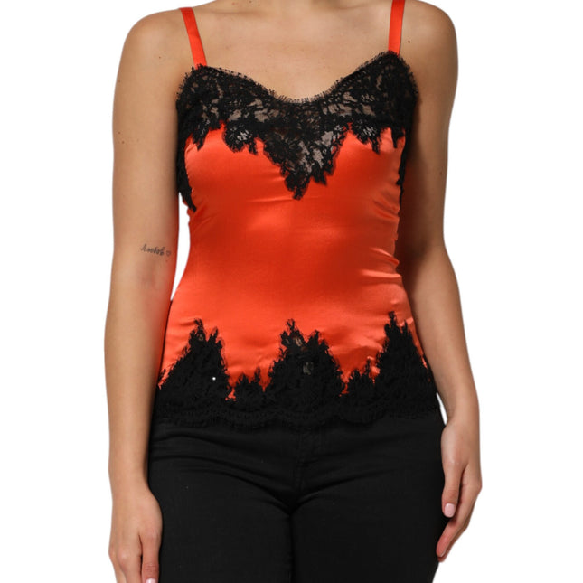 Dolce & Gabbana Red Black Lace Trim Silk Sleeveless Tank Top