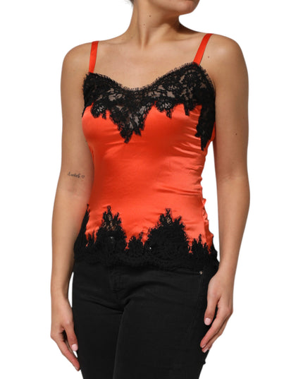 Dolce & Gabbana Red Black Lace Trim Silk Sleeveless Tank Top