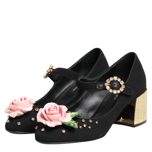 Dolce & Gabbana Black Flower Crystal Embellished Mary Jane Shoes