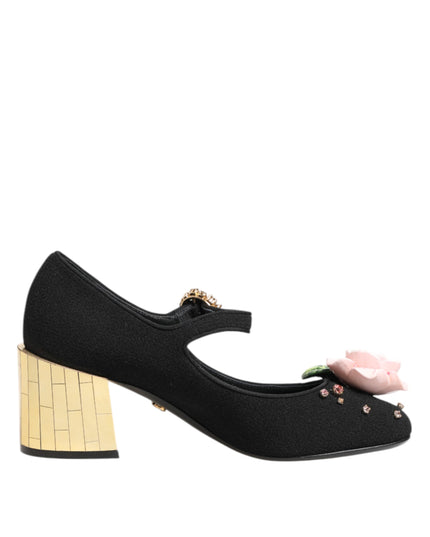Dolce & Gabbana Black Flower Crystal Embellished Mary Jane Shoes