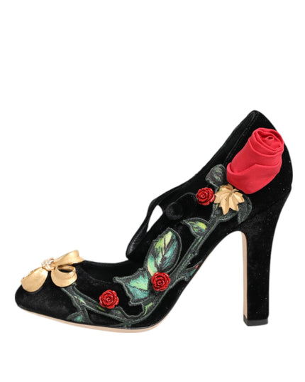 Dolce & Gabbana Black Roses Crystal Brooch Mary Jane Shoes
