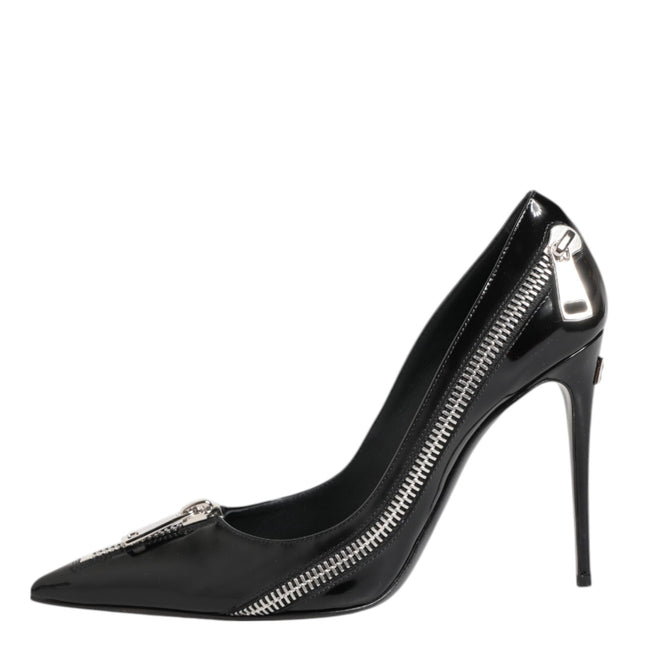 Dolce & Gabbana Black Patent Leather Zipper Heels Pumps Shoes