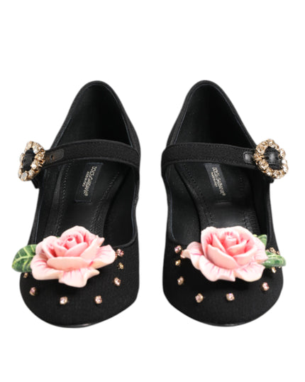 Dolce & Gabbana Black Flower Crystal Embellished Mary Jane Shoes