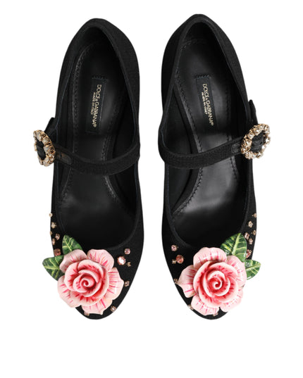 Dolce & Gabbana Black Flower Crystal Embellished Mary Jane Shoes