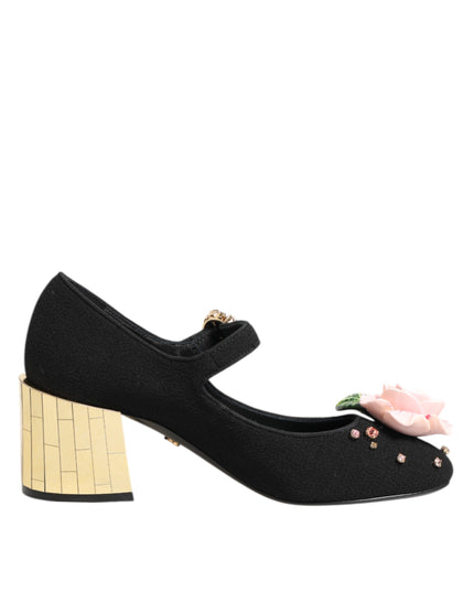 Dolce & Gabbana Black Flower Crystal Embellished Mary Jane Shoes