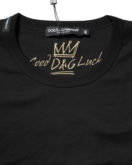 Dolce & Gabbana Black Cotton Goodluck Tee Crew Neck T-shirt