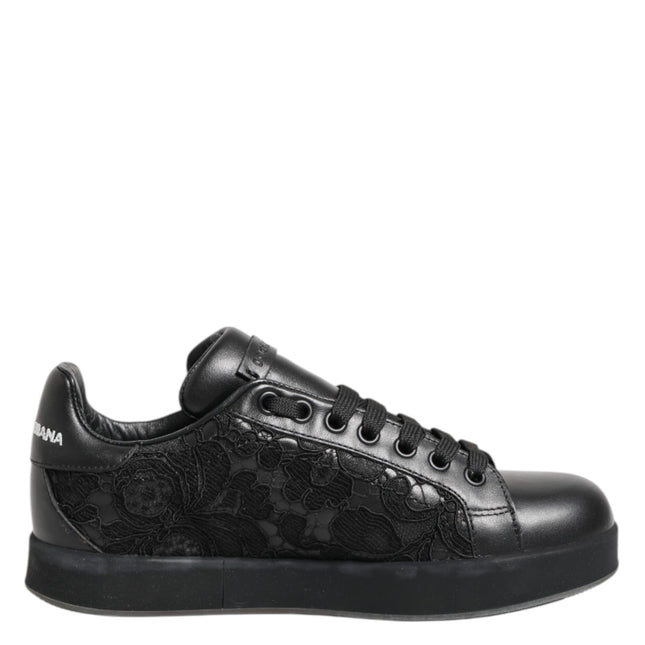 Dolce & Gabbana Black Floral Lace Low Top Sneakers Shoes