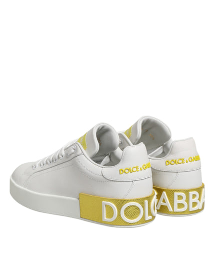Dolce & Gabbana White Yellow Leather Low Top Sneakers Shoes