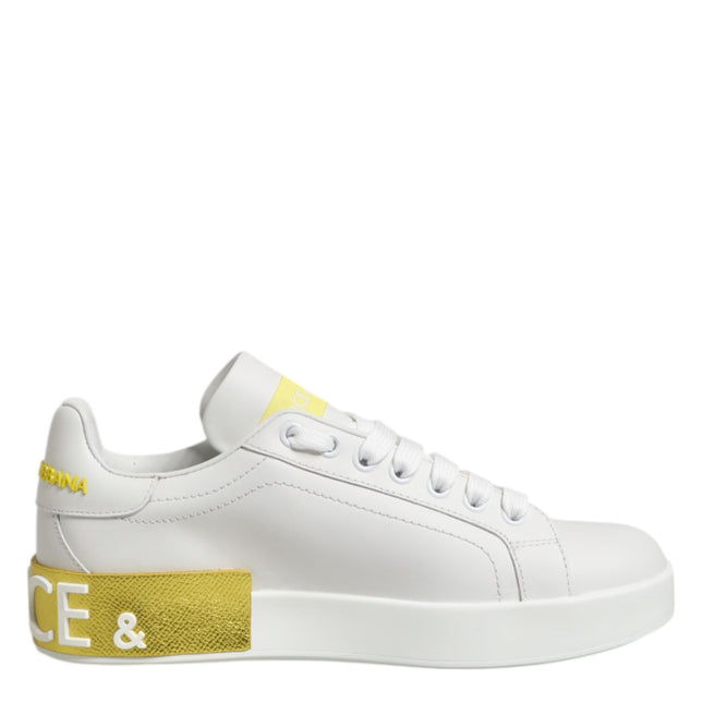 Dolce & Gabbana White Yellow Leather Low Top Sneakers Shoes