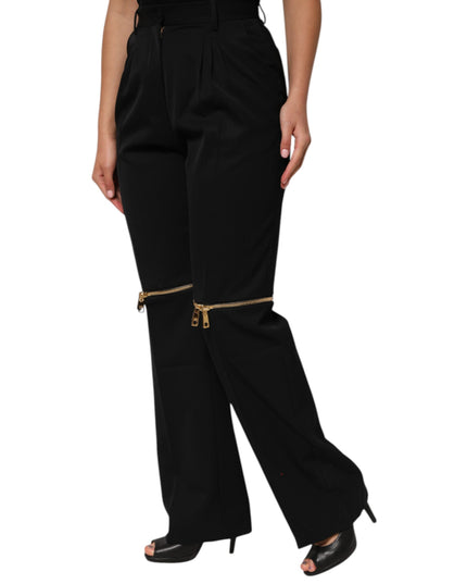 Dolce & Gabbana Black Zip Detailed Wool Straight Leg Pants