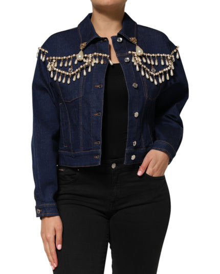 Dolce & Gabbana Blue Cotton Denim Crystal Embellished Jacket