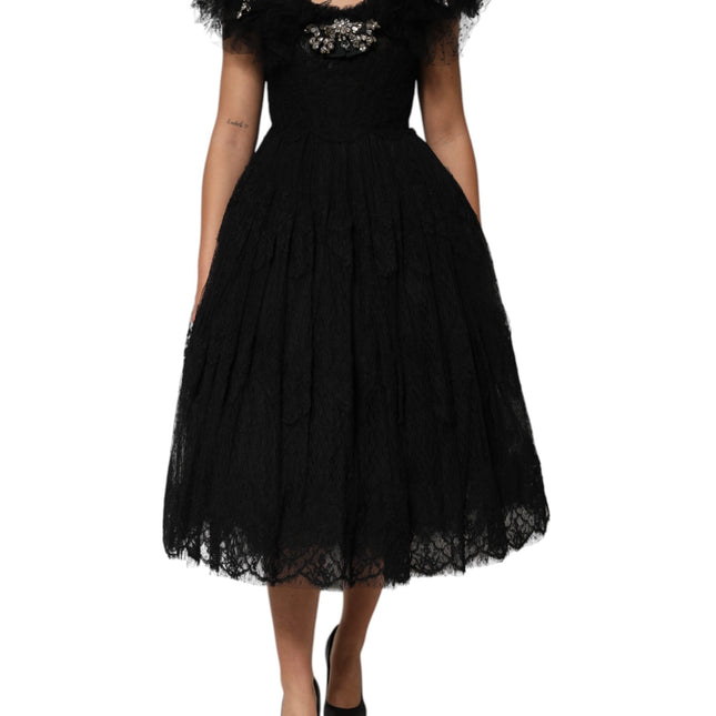 Dolce & Gabbana Black Crystal Embellished Midi A-line Dress