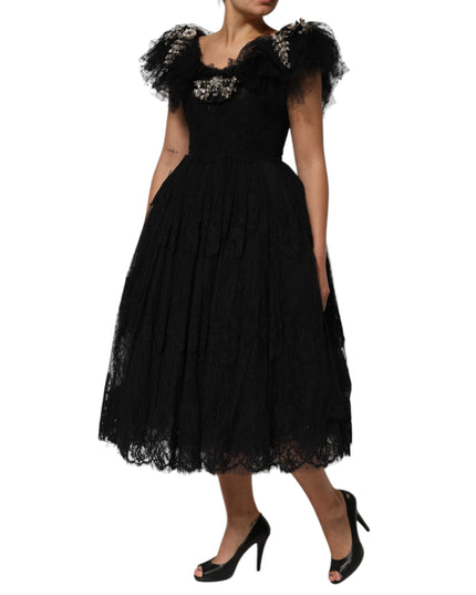 Dolce & Gabbana Black Crystal Embellished Midi A-line Dress