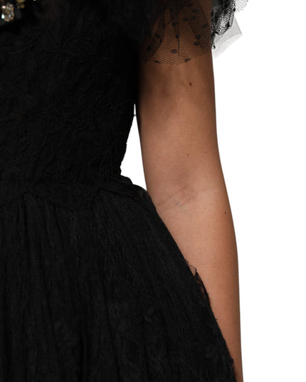 Dolce & Gabbana Black Crystal Embellished Midi A-line Dress