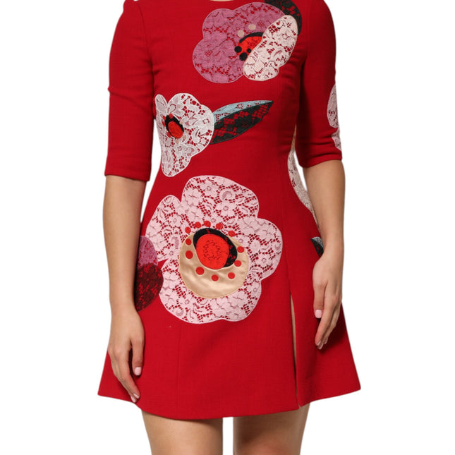 Dolce & Gabbana Red Lace Floral Applique A-line Mini Dress