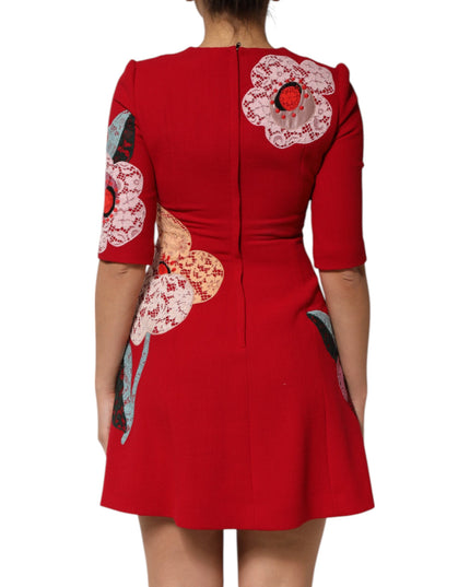 Dolce & Gabbana Red Lace Floral Applique A-line Mini Dress