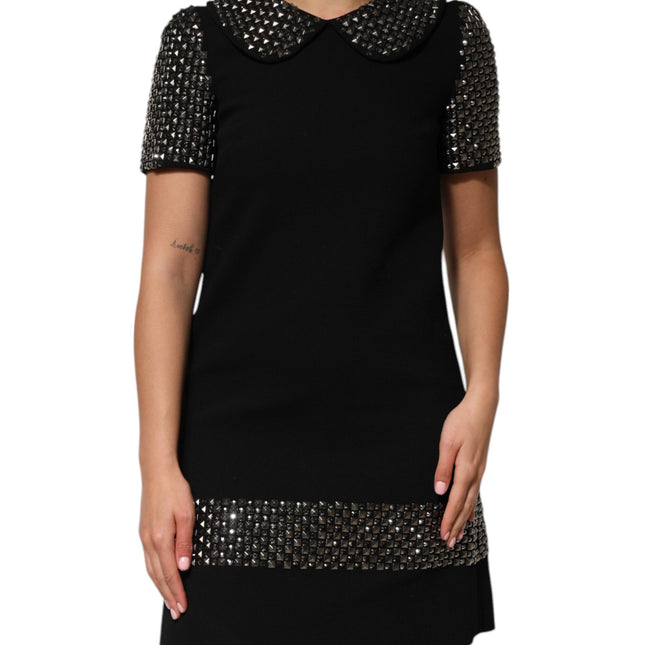 Dolce & Gabbana Black Crystal Embellished Collared Mini Dress