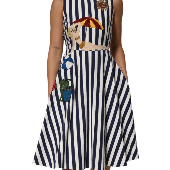 Dolce & Gabbana Blue White Striped Embroidered A-line Dress