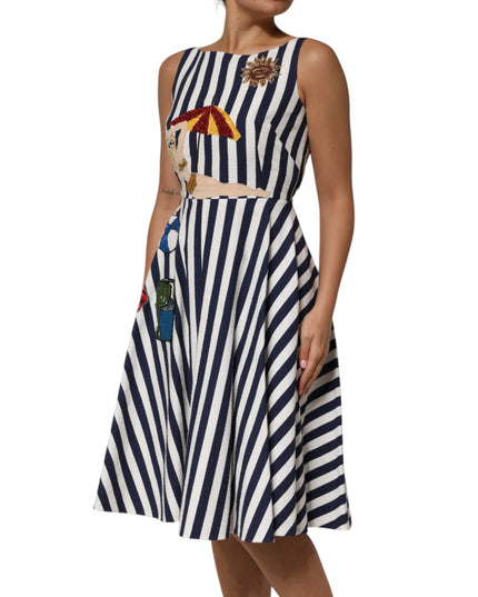 Dolce & Gabbana Blue White Striped Embroidered A-line Dress