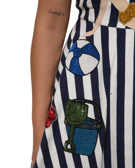 Dolce & Gabbana Blue White Striped Embroidered A-line Dress