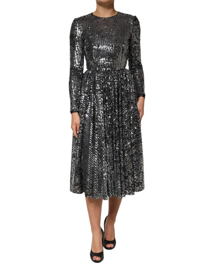 Dolce & Gabbana Black Sequined Long Sleeves Midi A-line  Dress