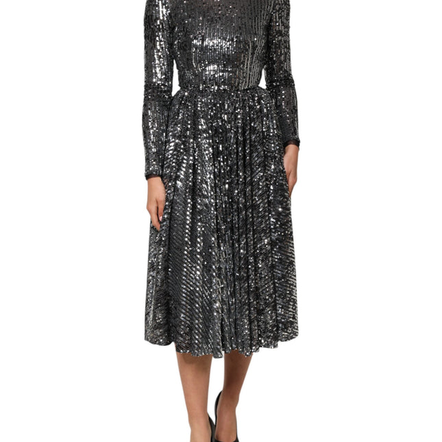 Dolce & Gabbana Black Sequined Long Sleeves Midi A-line  Dress