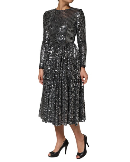 Dolce & Gabbana Black Sequined Long Sleeves Midi A-line  Dress