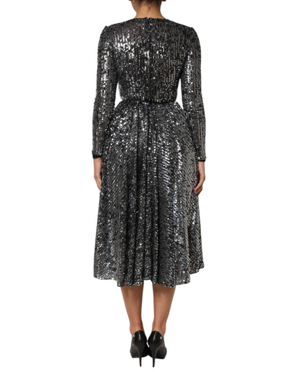 Dolce & Gabbana Black Sequined Long Sleeves Midi A-line  Dress