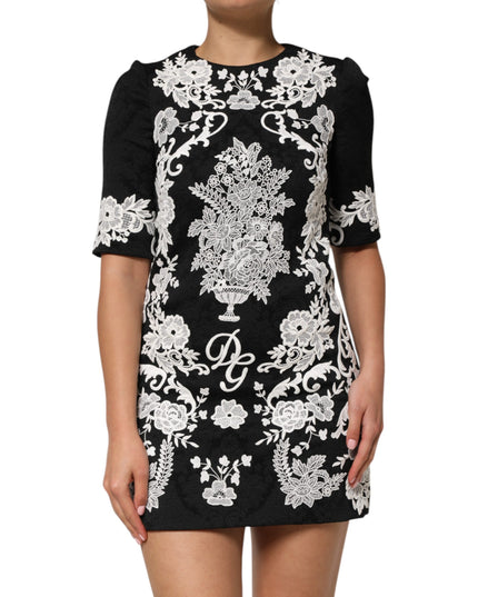 Dolce & Gabbana Black Lace Trim Short Sleeves A-line Dress