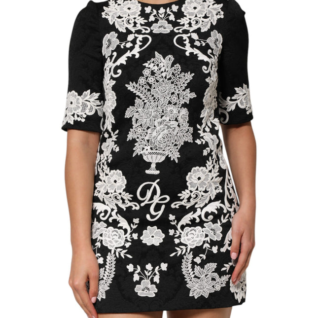 Dolce & Gabbana Black Lace Trim Short Sleeves A-line Dress