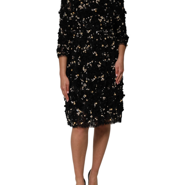 Dolce & Gabbana Black Viscose Pearl Embellishment Shift Dress