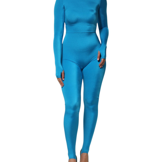 Dolce & Gabbana Blue Nylon Crew Neck Bodycon Jumpsuit Dress