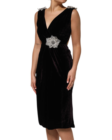 Dolce & Gabbana Black Velvet Flower Embellishment Aline Dress