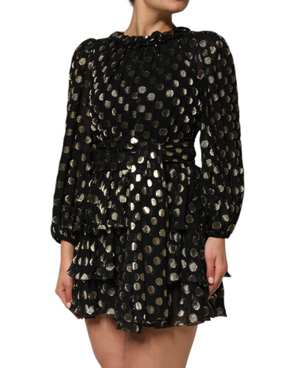 Dolce & Gabbana Black Gold Polka Dot Silk Brocade Mini Dress