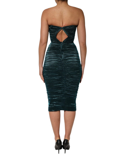 Dolce & Gabbana Green Silk Satin Fitted Strapless Dress