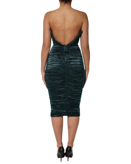 Dolce & Gabbana Green Silk Satin Fitted Strapless Dress