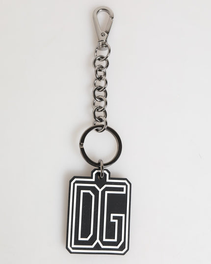 Dolce & Gabbana Black White DG Rubber Logo Silver Men Keychain Keyring