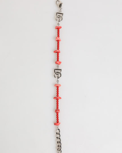 Dolce & Gabbana Silver Tone Brass Beaded Resin DG Logo Chain Men Bracelet
