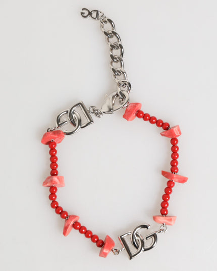 Dolce & Gabbana Silver Tone Brass Beaded Resin DG Logo Chain Men Bracelet