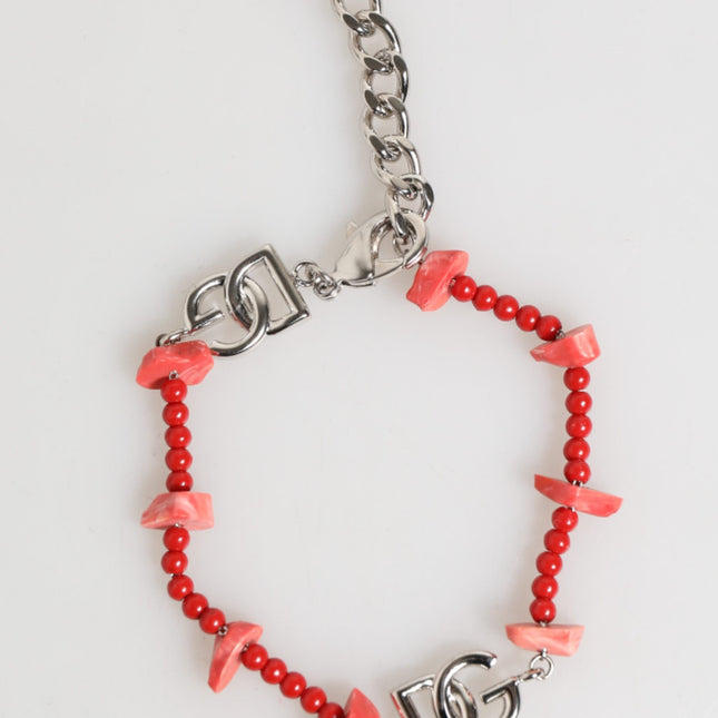 Dolce & Gabbana Silver Tone Brass Beaded Resin DG Logo Chain Men Bracelet