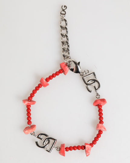 Dolce & Gabbana Silver Tone Brass Beaded Resin DG Logo Chain Men Bracelet