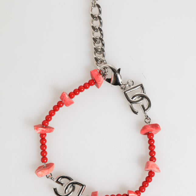 Dolce & Gabbana Silver Tone Brass Beaded Resin DG Logo Chain Men Bracelet