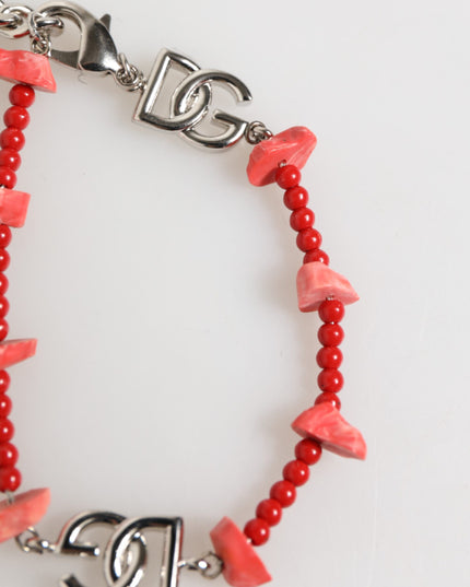 Dolce & Gabbana Silver Tone Brass Beaded Resin DG Logo Chain Men Bracelet