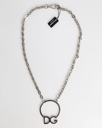 Dolce & Gabbana Silver Tone Brass Chain DG Logo Pendant Men Necklace